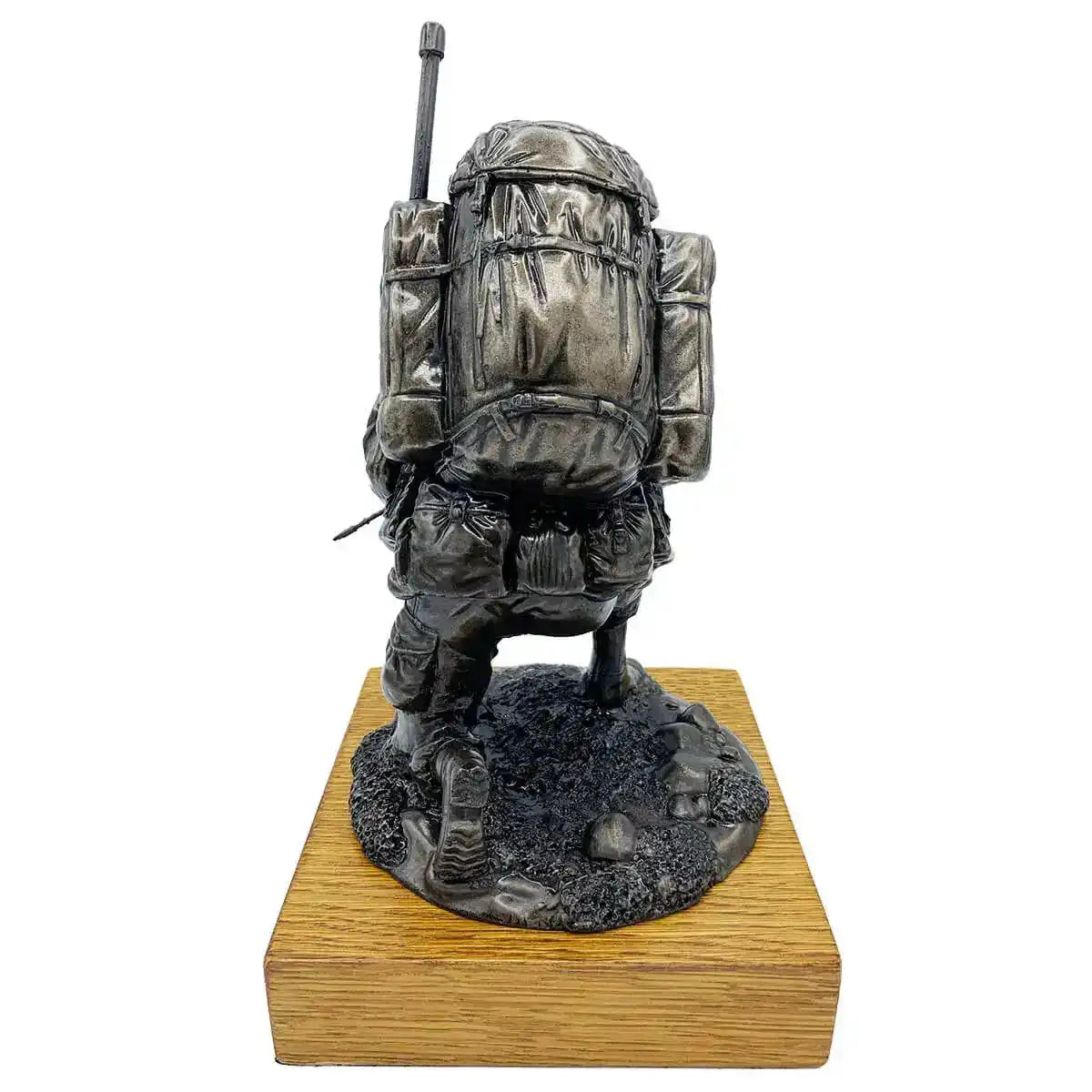 Rear view of Bronze Resin Kneeling Signaller Statue showing full bergen and radio antenna detail on oak base | John Bull Clothing from John Bull Clothing