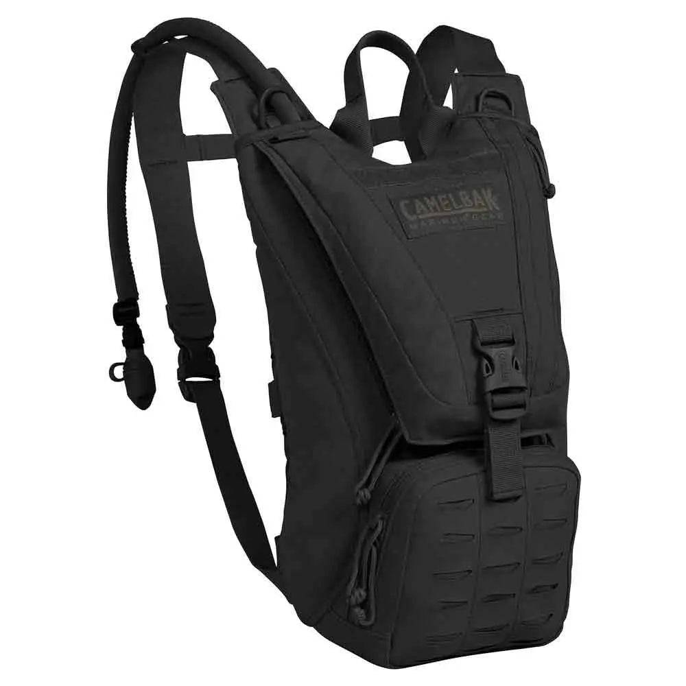 Camelbak Ambush 3L Mil Spec Crux Short Hydration Pack in black, featuring a compact design with MOLLE webbing and a 3L hydration reservoir for rugged missions.