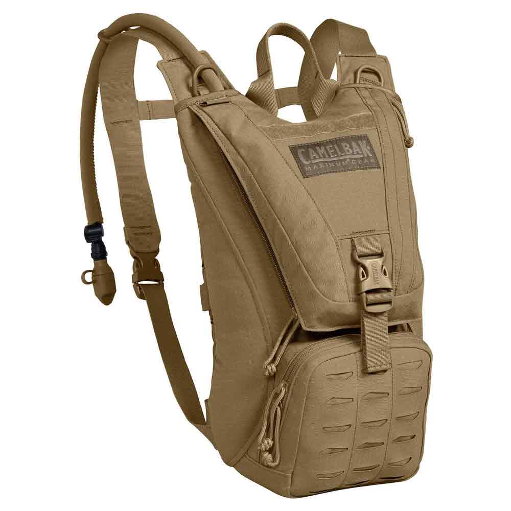 Camelbak Ambush 3L Mil Spec Crux Short Hydration Pack in coyote brown, designed for tactical and outdoor use with durable 500D Cordura construction.