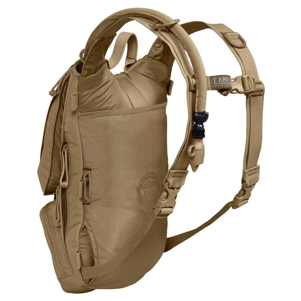 Side view of Camelbak Ambush 3L Mil Spec Crux Short Hydration Pack in coyote brown, highlighting adjustable shoulder straps and ergonomic design for comfort.