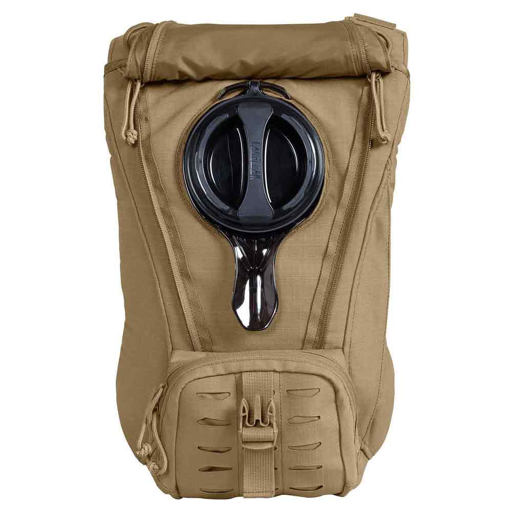 Back view of Camelbak Ambush 3L Mil Spec Crux Short Hydration Pack in coyote brown, showcasing the large hydration reservoir opening for easy refilling.