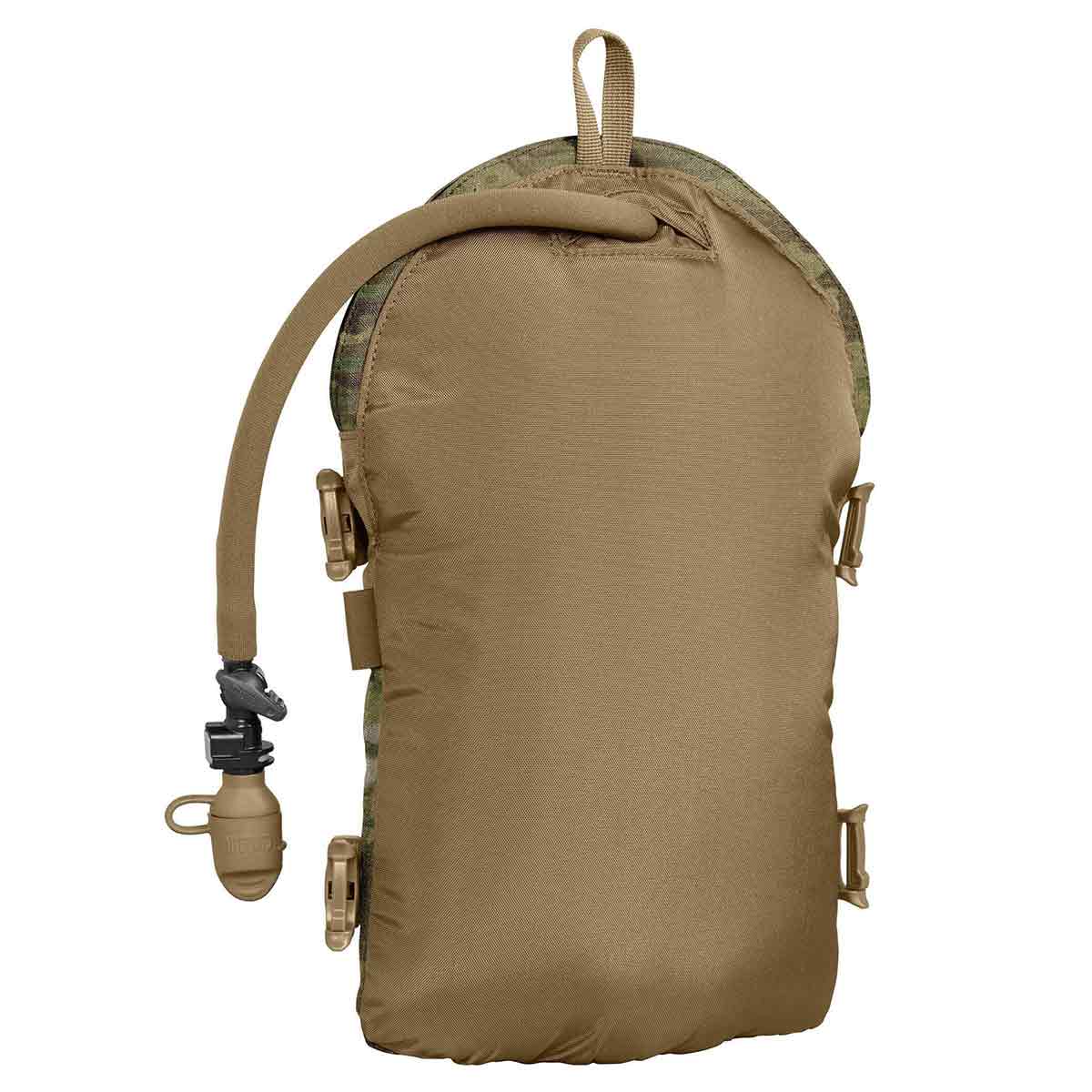 Rear view of the Camelbak Armorbak 3L Mil Spec Crux Short Hydration Pack in multicam, showing the hydration hose and streamlined design for comfort.
