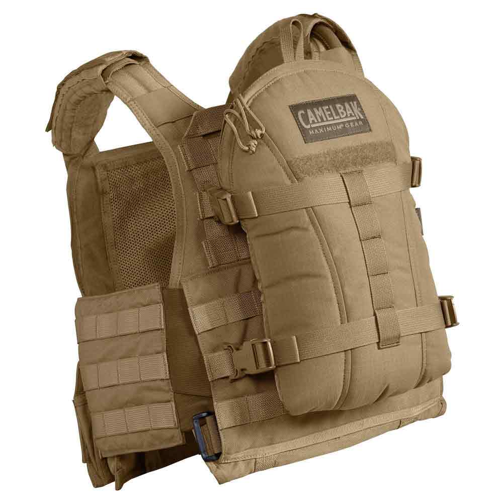 Camelbak Armorbak 3L Mil Spec Crux Short Hydration Pack securely attached to a tactical vest, demonstrating its MOLLE compatibility for military use.