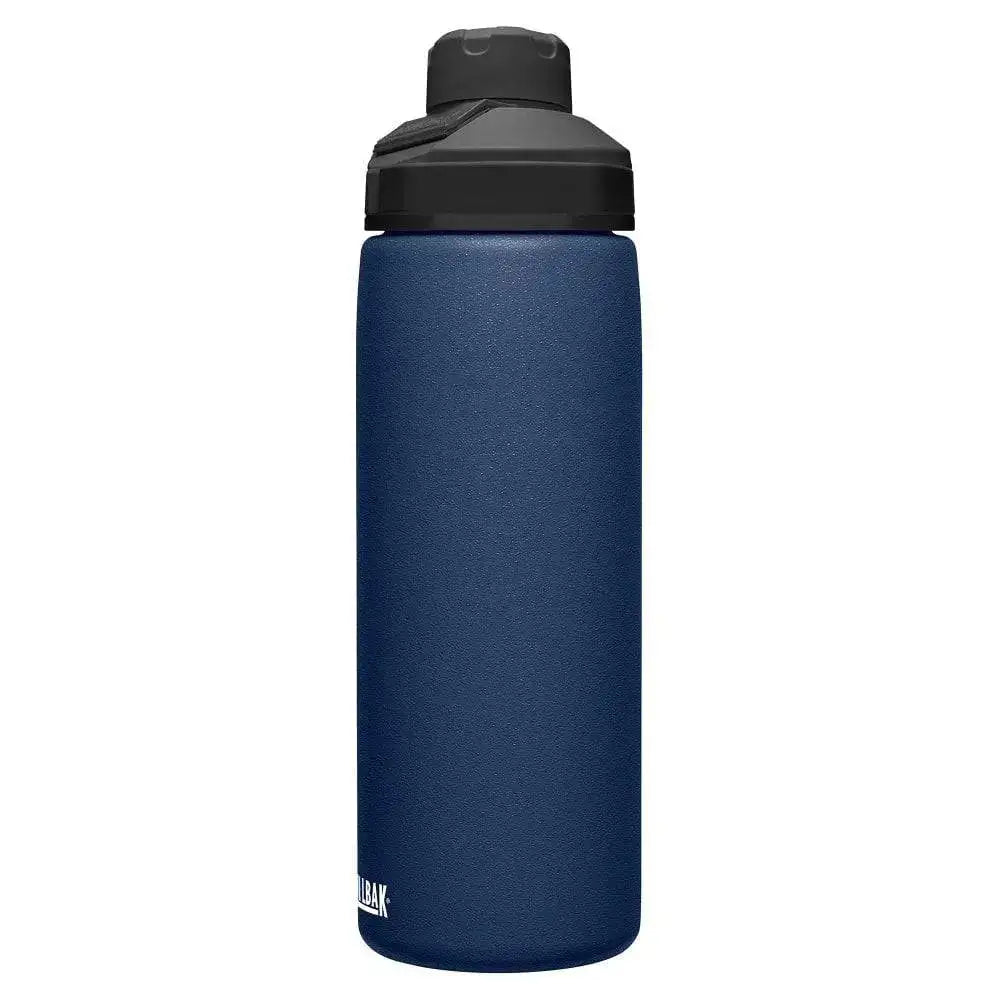 Side view of Camelbak Chute Mag Stainless Steel Water Bottle 600ml in navy blue, showcasing its durable insulated design and secure lid. from John Bull Clothing