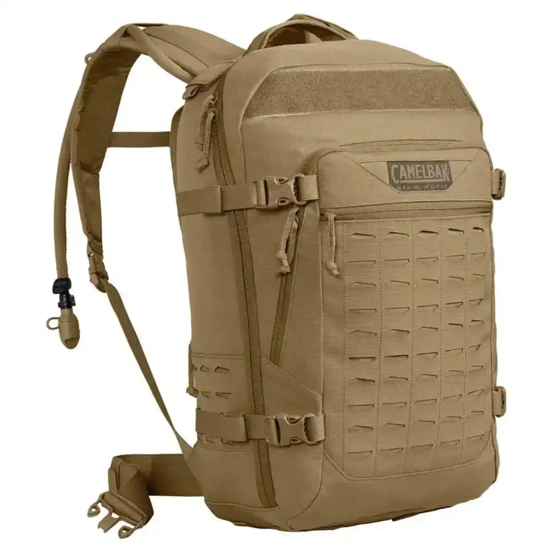 Camelbak Motherlode Mil Spec Crux Coyote 37L Backpack in coyote brown with MOLLE webbing and hydration tube, ideal for tactical outdoor use. from John Bull Clothing