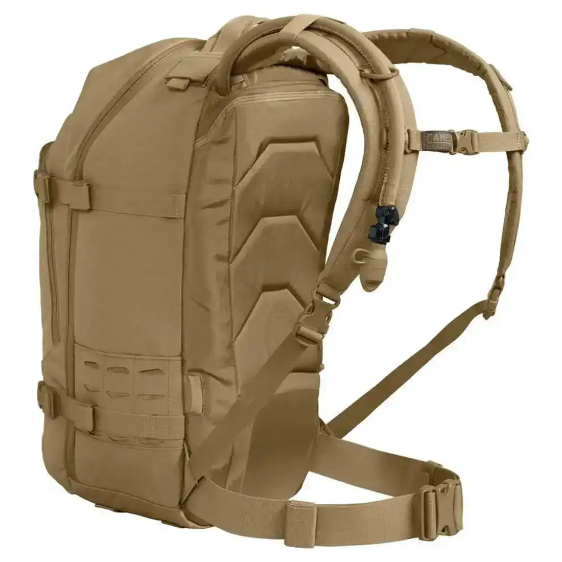 Rear view of Camelbak Motherlode Mil Spec Crux Coyote 37L Backpack highlighting padded back panel and adjustable shoulder straps for comfort. from John Bull Clothing