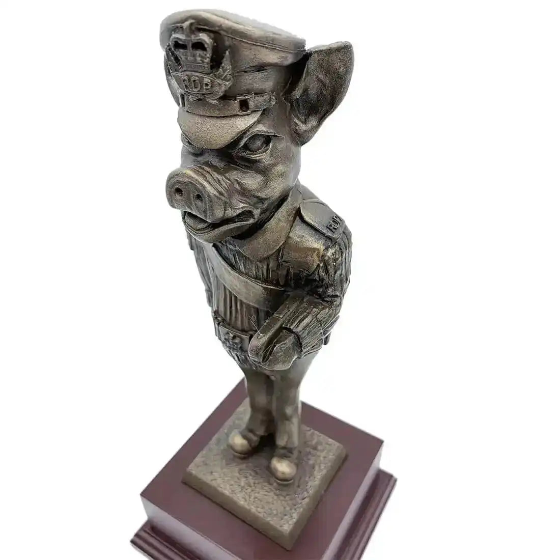 Angled top view of Drill Pig Sergeant Bronze Resin Statue showcasing facial features and cap insignia, ideal for military gift items. from John Bull Clothing