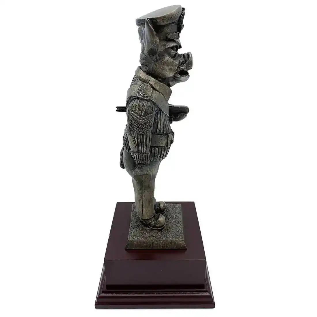 Right side view of Drill Pig Sergeant Bronze Resin Statue with baton and military attire, suited for home or office display. from John Bull Clothing