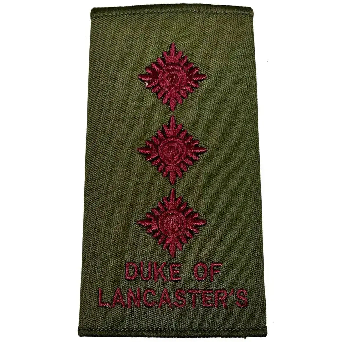 Three-star Duke of Lancasters Rank Slide in Olive Green with maroon embroidery, official military uniform insignia. Captain from John Bull Clothing