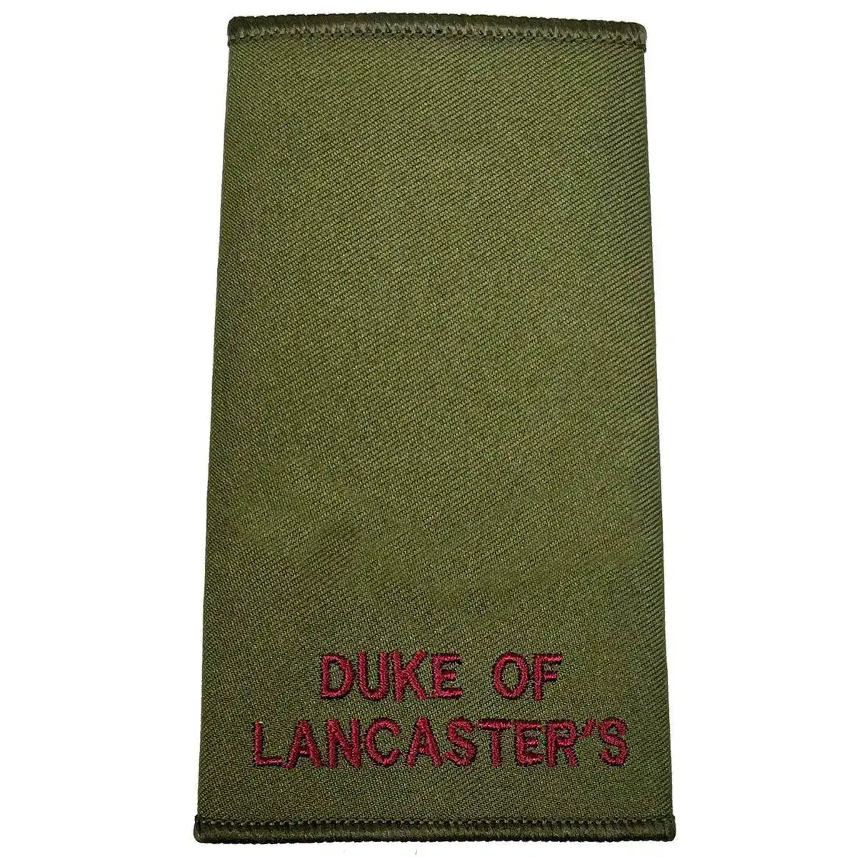 Plain Duke of Lancasters Rank Slide in Olive Green with maroon embroidered text, military uniform accessory from John Bulls. Private from John Bull Clothing