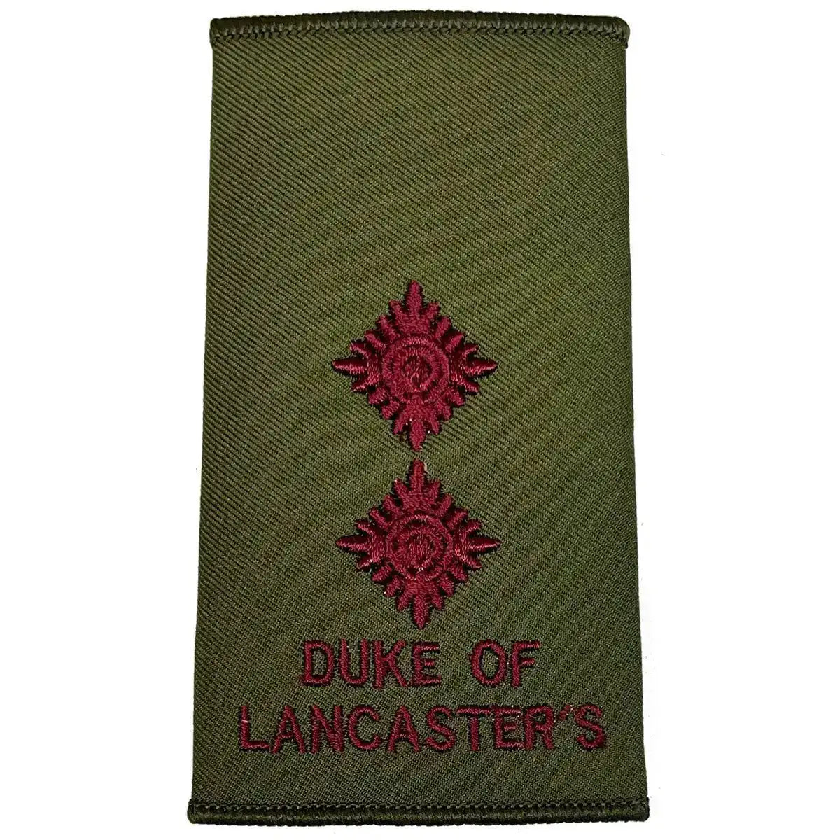 Two-star Duke of Lancasters Rank Slide in Olive Green with maroon embroidery, MoD spec military uniform accessory. LT from John Bull Clothing