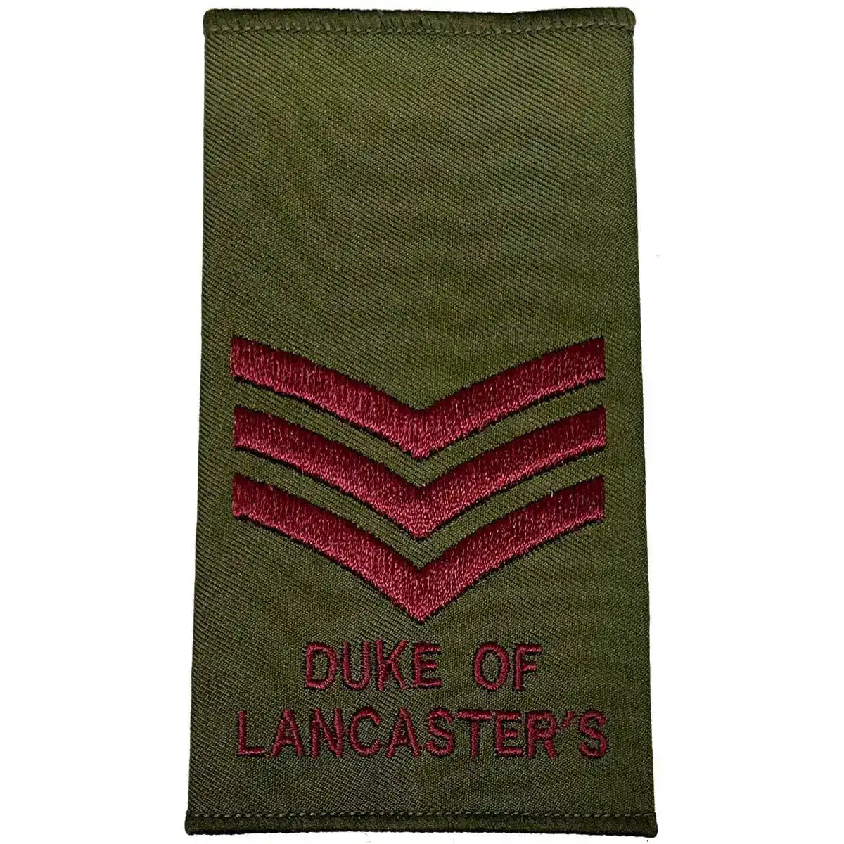 Three-chevron Duke of Lancasters Rank Slide in Olive Green with maroon embroidery, MoD spec military uniform gear. Sergeant from John Bull Clothing
