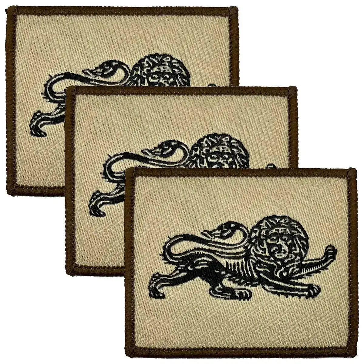 Set of three Duke of Lancasters TRF iron or sew on patches featuring black lion emblem on tan cotton fabric, ideal for military uniforms. 3 Pack from John Bull Clothing