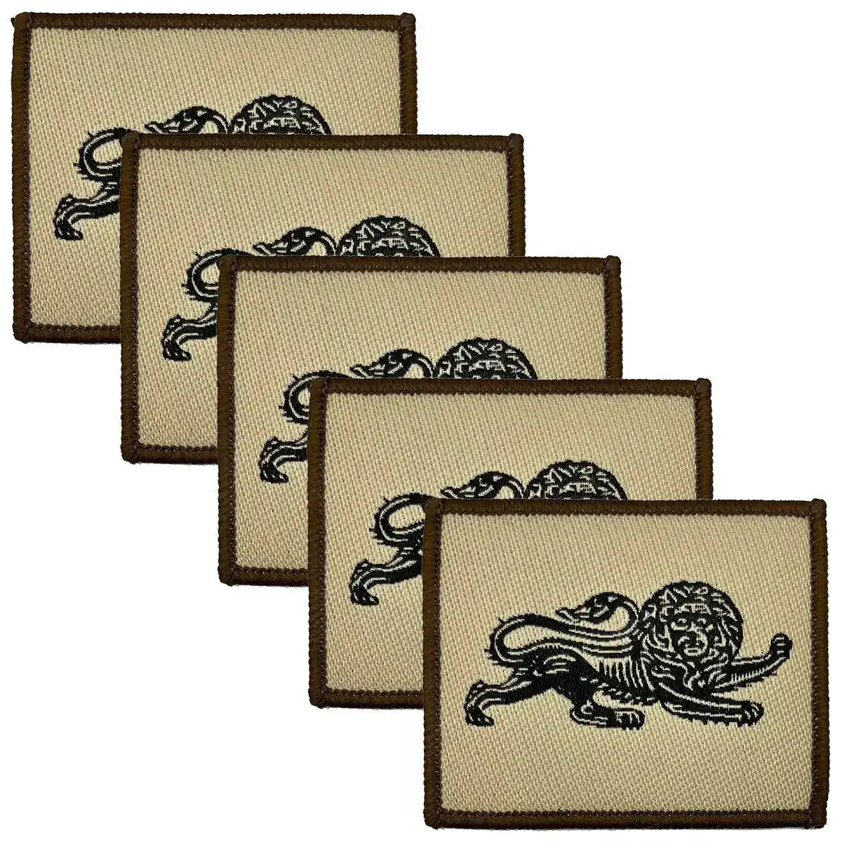 Pack of five Duke of Lancasters TRF iron-on patches with embroidered black lion on tan cotton, suitable for military uniform customization. 5 Pack from John Bull Clothing