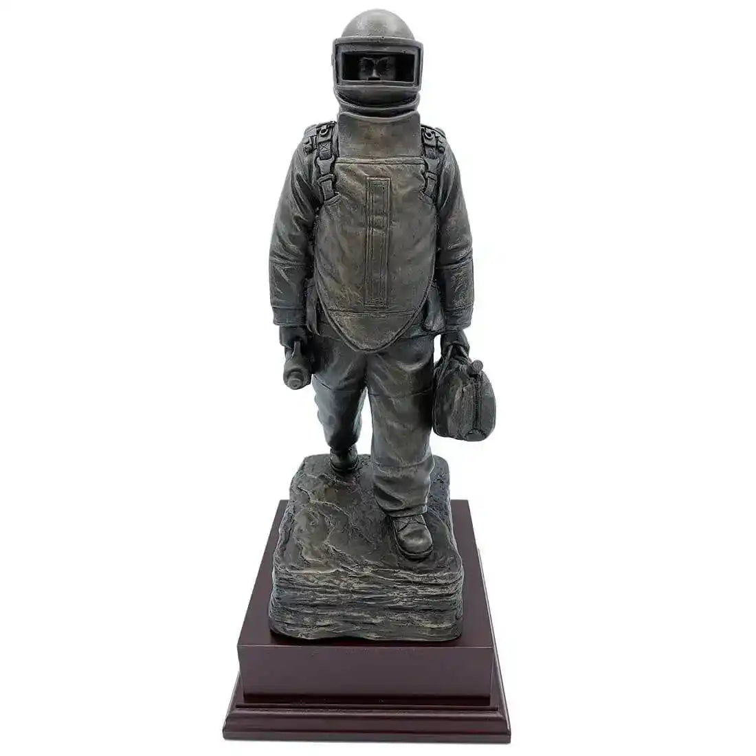EOD Long Walk Bronze Resin Statue from John Bull Clothing showing a bomb disposal operator in full gear on a rosewood base, front view. from John Bull Clothing
