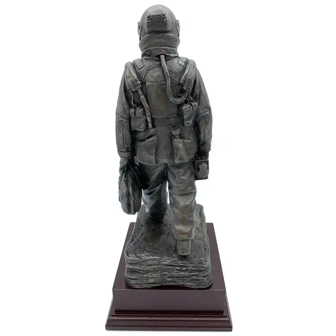 Rear view of EOD Long Walk Bronze Resin Statue highlighting the operator’s gear and suit details, ideal for military-themed decor. from John Bull Clothing