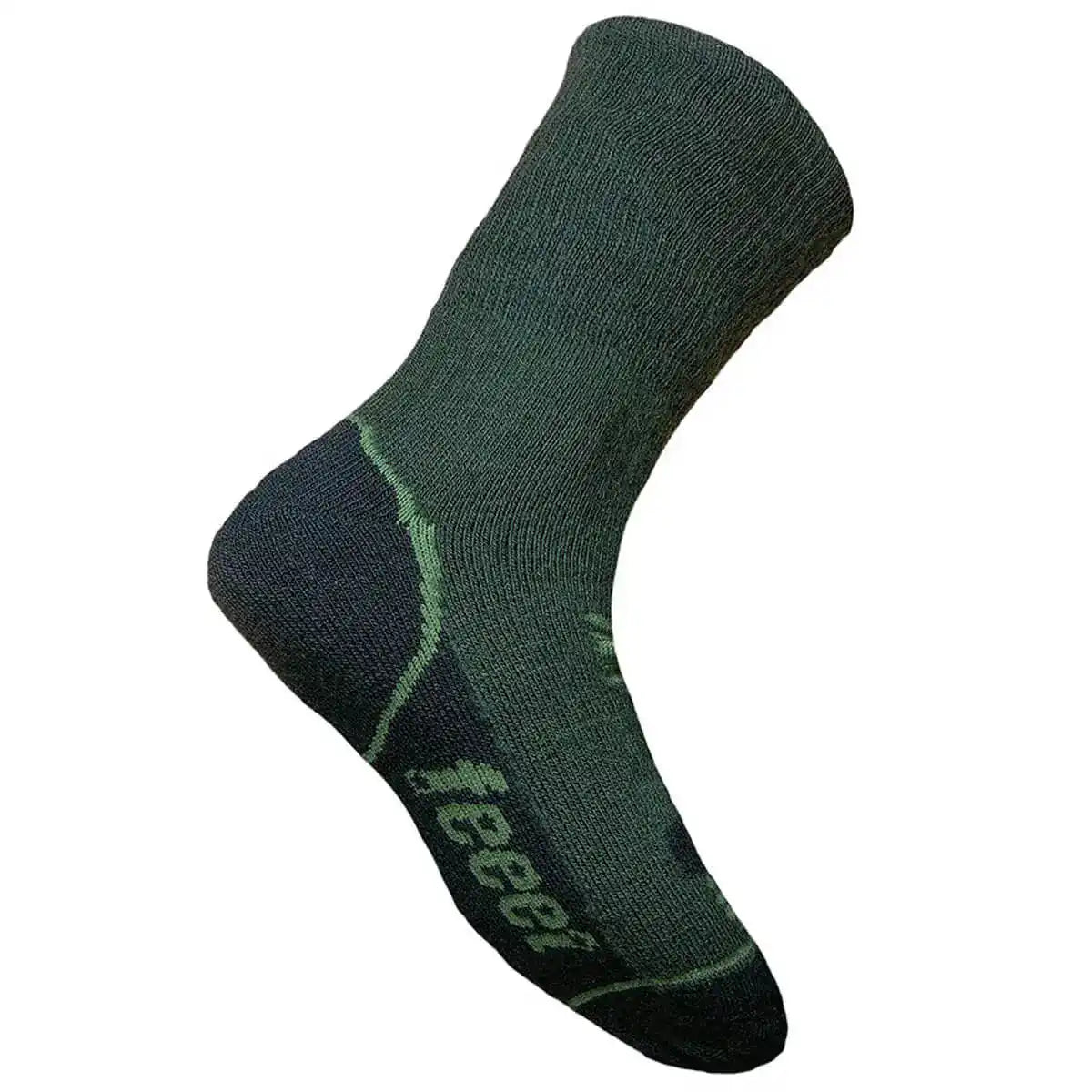 Side view of Feeet Hiker Merino Sock Olive, showing ergonomic fit and reinforced heel and toe for enhanced hiking support and ventilation. from John Bull Clothing