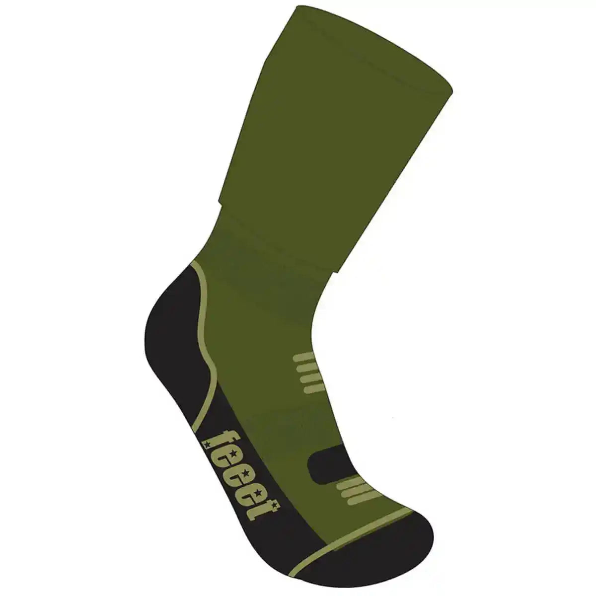 Illustration of Feeet Merino Hiker Sock in olive, highlighting technical zones for breathability, cushioning, and arch support in outdoor gear. from John Bull Clothing