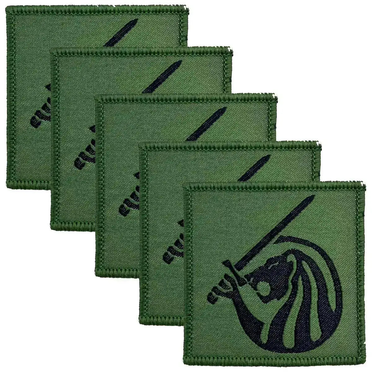 Pack of five Field Army TRF Iron On Sewn on Patches by John Bull Clothing, showcasing durable green patches with black lion and sword design for army gear. 5 Pack from John Bull Clothing