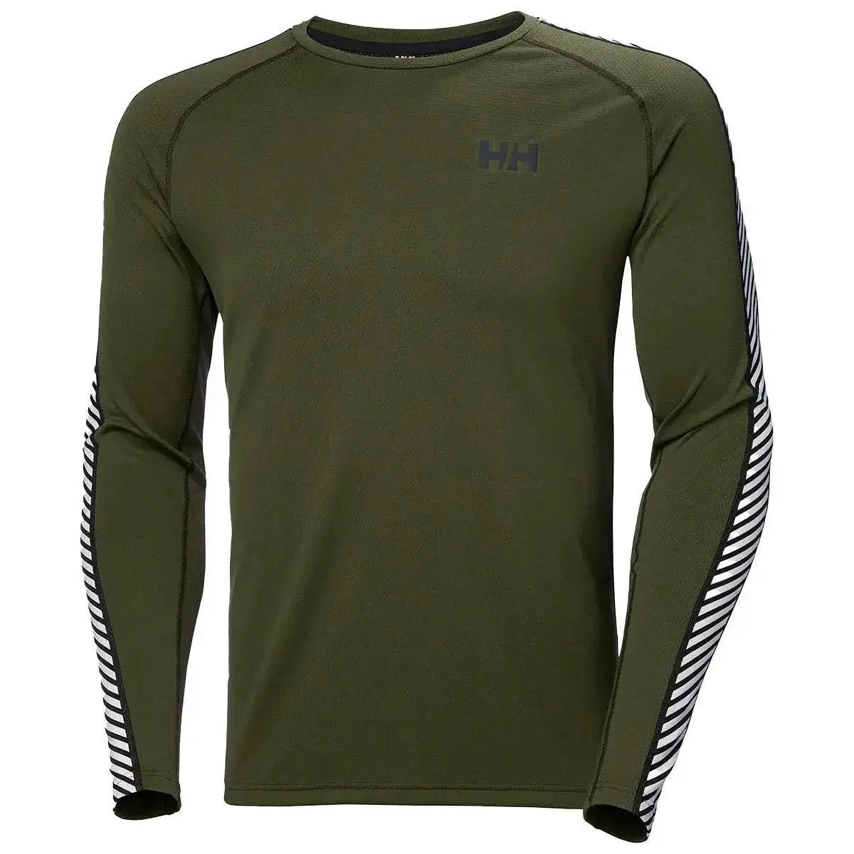 Olive green HH Lifa Active Crew Long Sleeve Base Layer with striped sleeves, perfect for layering in cold climates from John Bulls. from John Bull Clothing