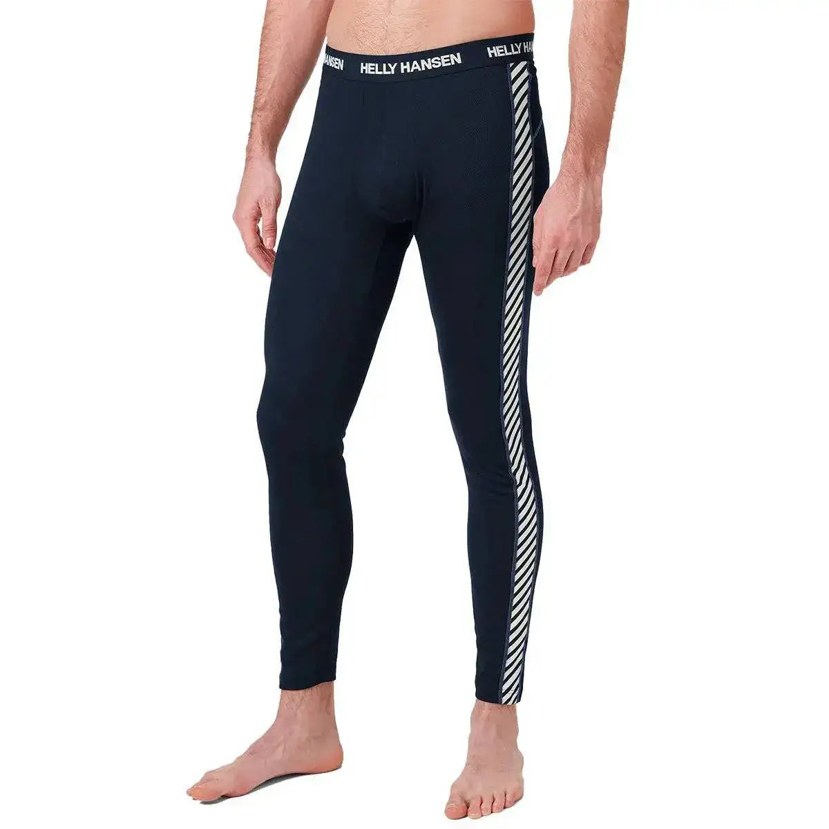 Close-up of black Helly Hansen men's base layer trousers waistband with logo, striped side panel, fitted athletic style, SKU: JB0990-S Navy from John Bull Clothing