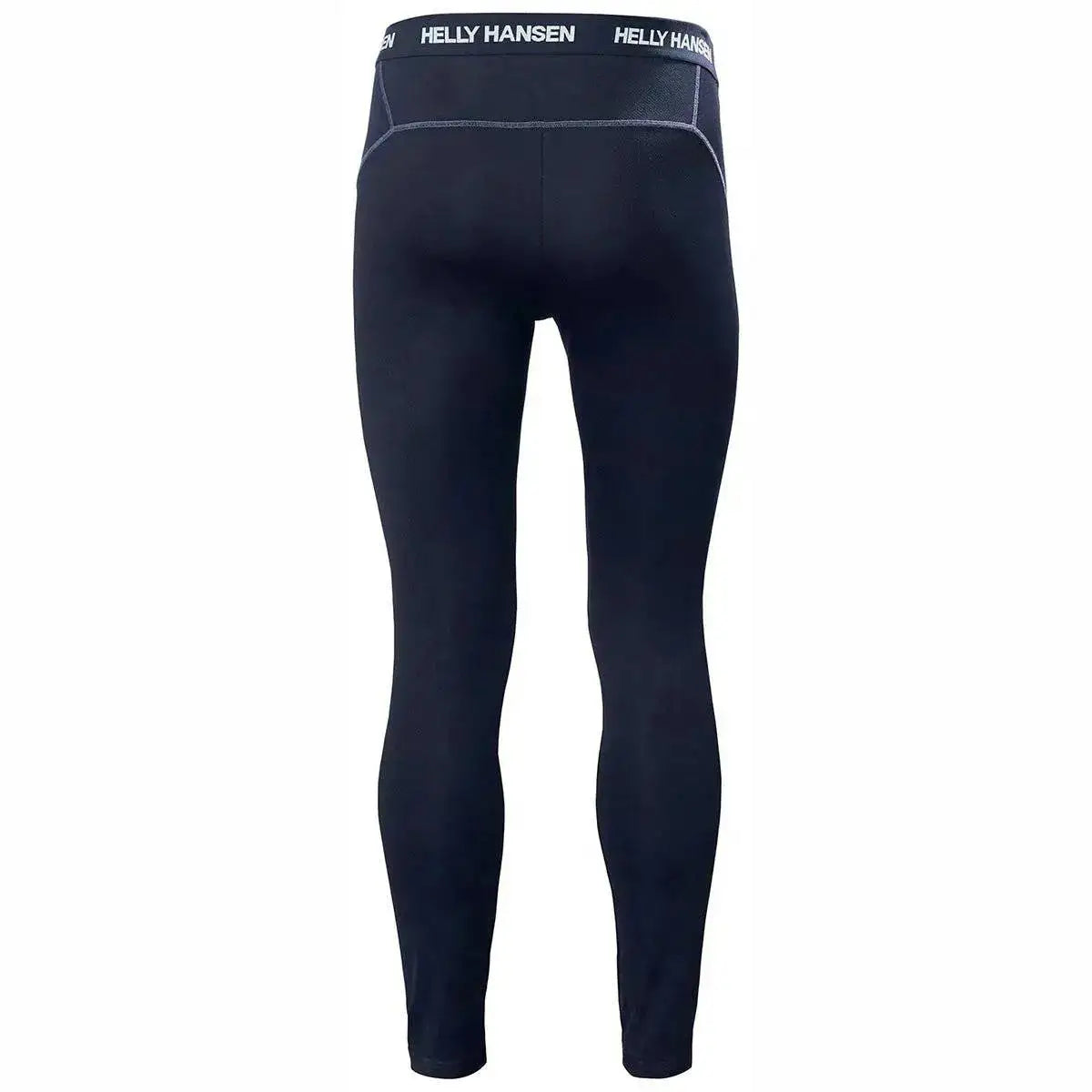 Back view of navy Helly Hansen men's base layer trousers with striped waistband, fitted athletic design, SKU: JB0990-S from John Bull Clothing