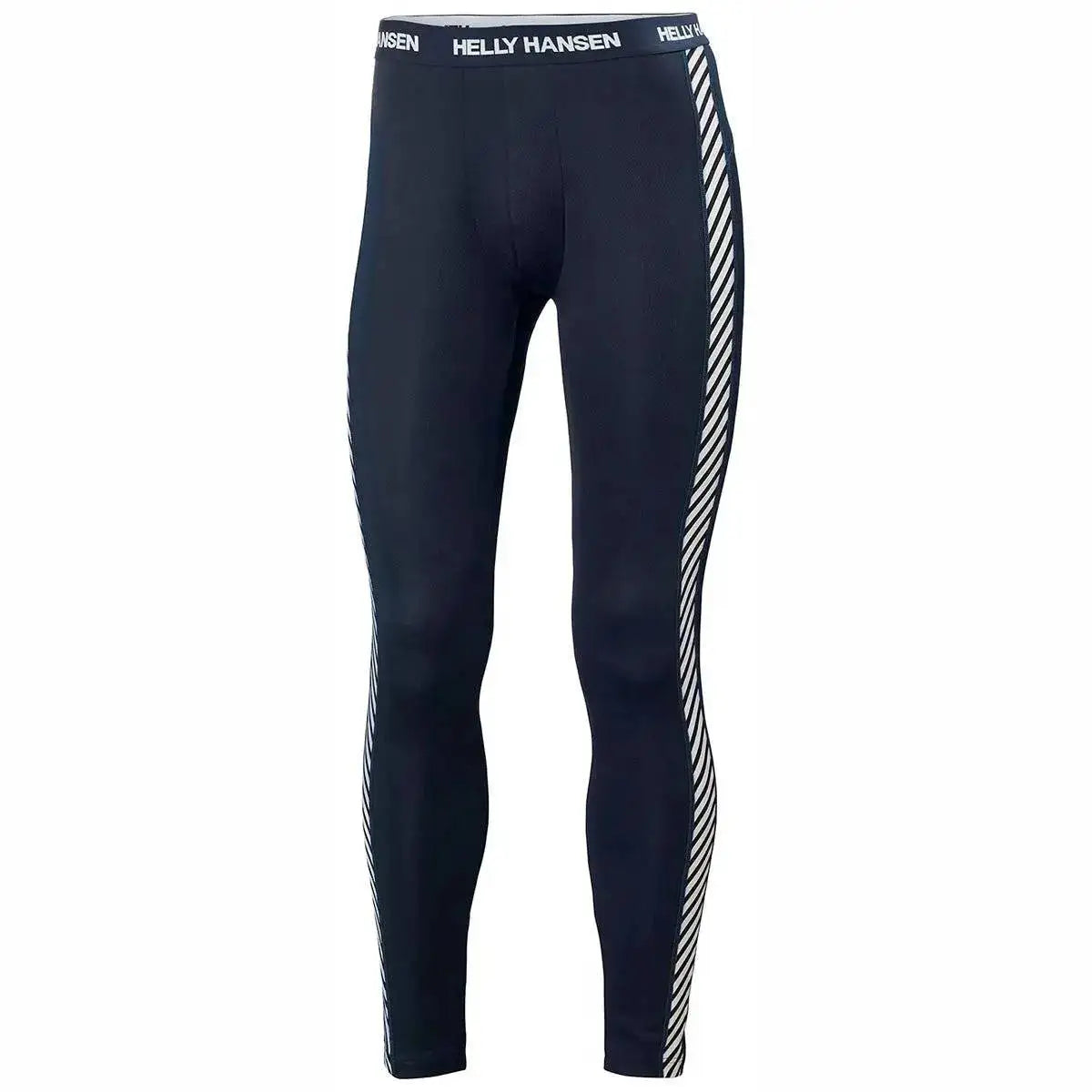 Black Helly Hansen men's base layer trousers with striped side panels, elastic waistband, lightweight performance activewear, SKU: JB0990-S from John Bull Clothing