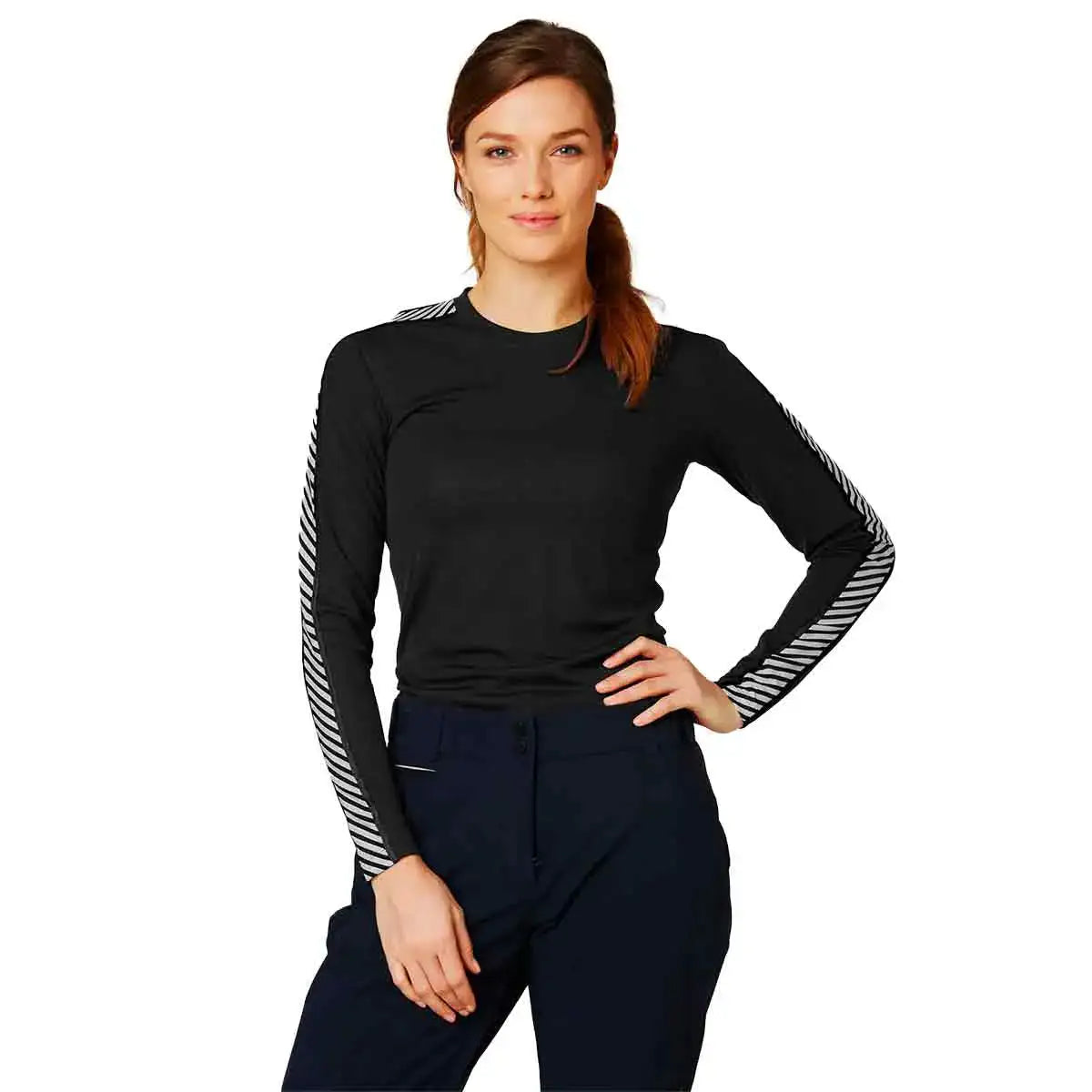Helly Hansen Womens Lifa Stripe Long Sleeve Crew Base Layer - John Bull Clothing Black from John Bull Clothing