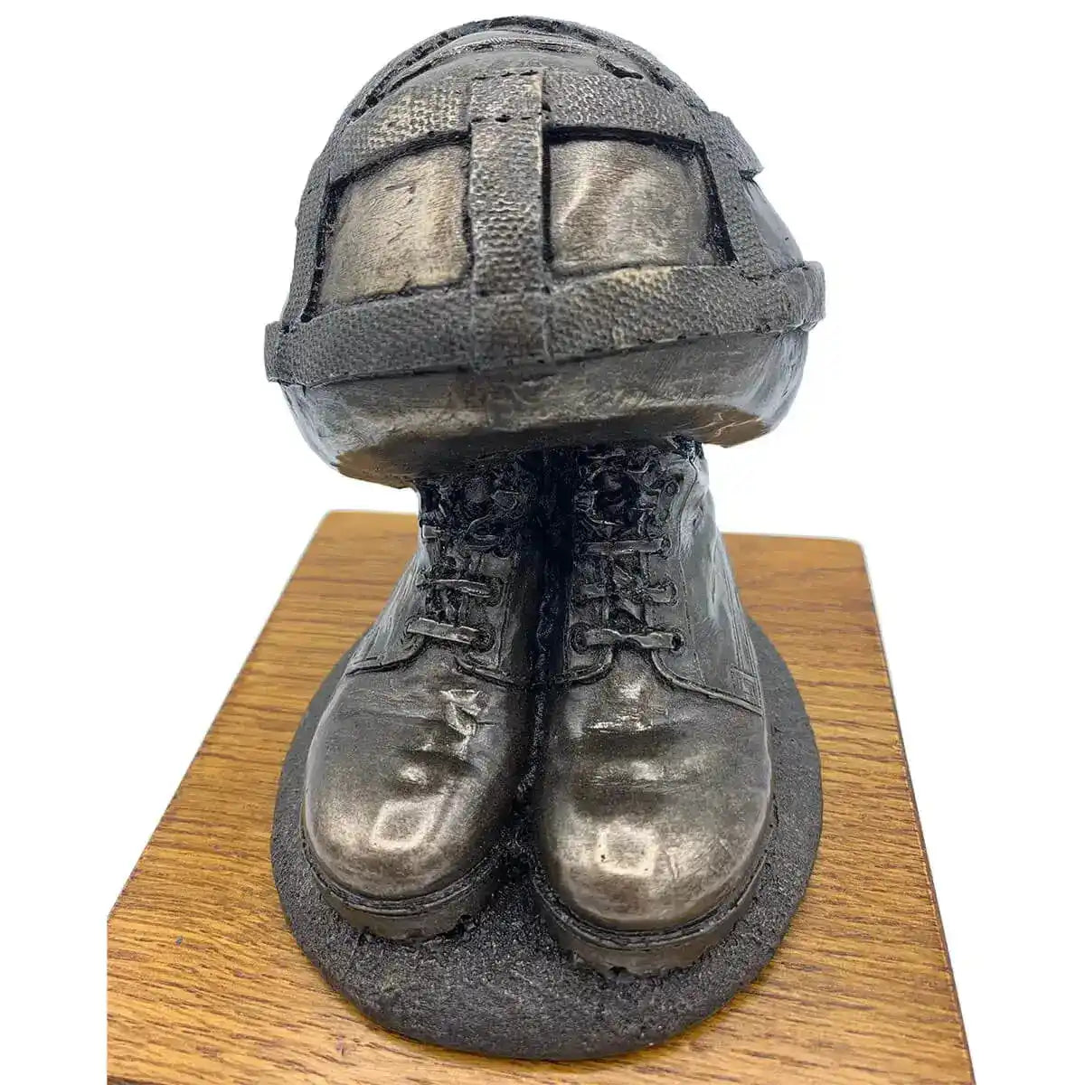 Close-up front of Helmet & Boots Statue Bronze Resin | John Bull Clothing, emphasizing lifelike boot laces and helmet detail. from John Bull Clothing