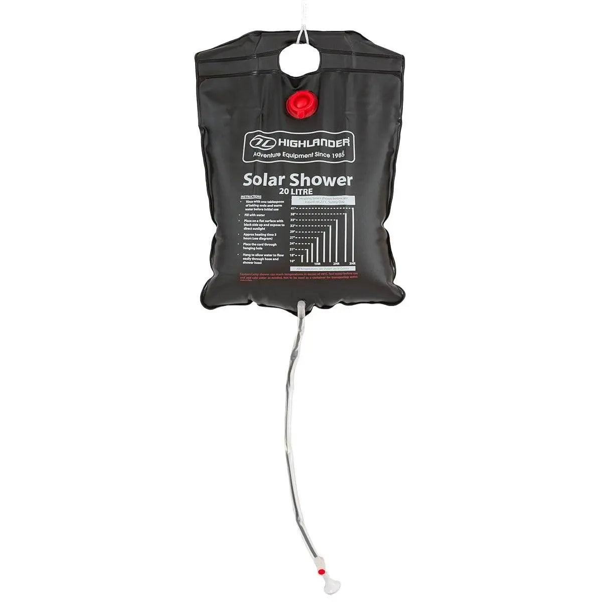 Highlander 20L Camping Solar Shower, a black portable outdoor shower bag with a hose and showerhead, designed for eco-friendly outdoor hygiene using solar energy.