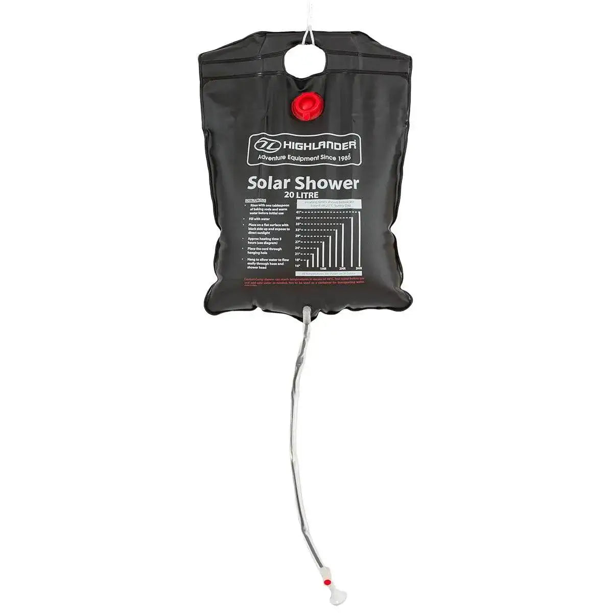 Highlander 20L Camping Solar Shower, a black portable outdoor shower bag with a hose and showerhead, designed for eco-friendly outdoor hygiene using solar energy. from John Bull Clothing