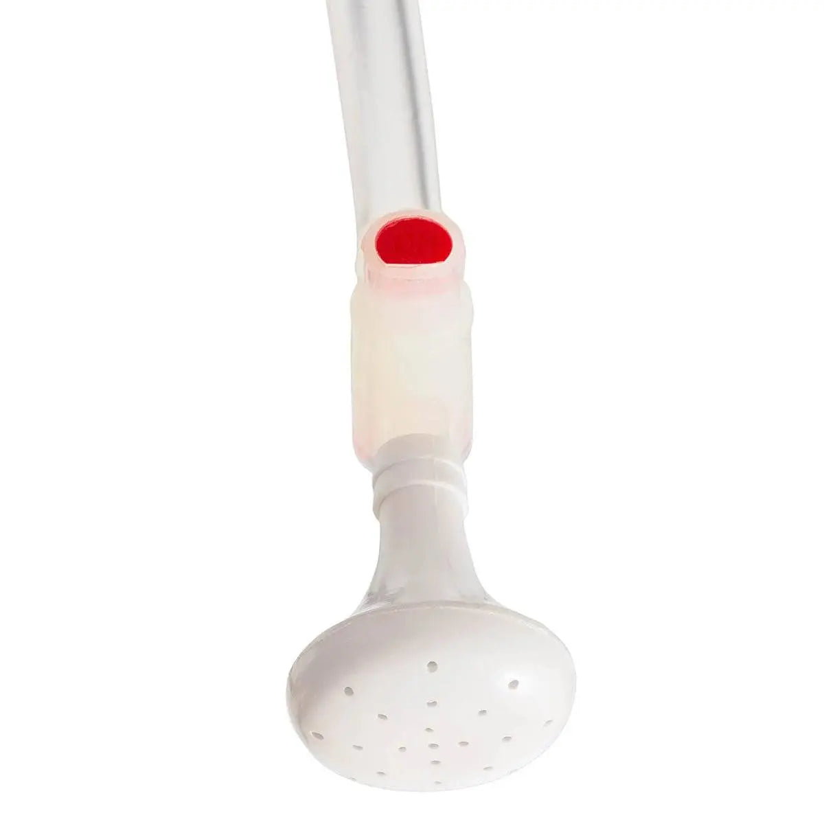 Close-up of the Highlander 20L Camping Solar Shower's white showerhead with a red valve, ensuring controlled water flow for outdoor camping and hiking use.