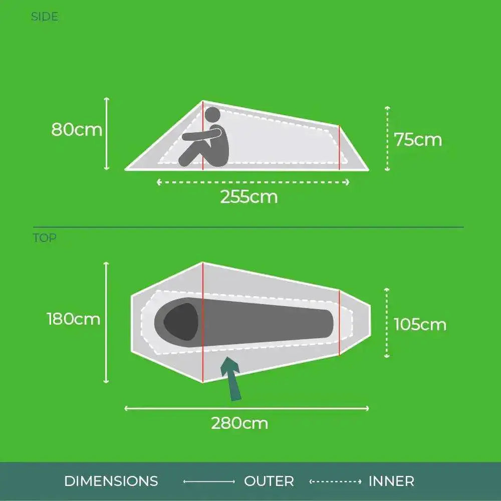Highlander Blackthorn XL 1 Person Tent dimensions diagram, showcasing outer and inner measurements for a compact and efficient camping setup. from John Bull Clothing