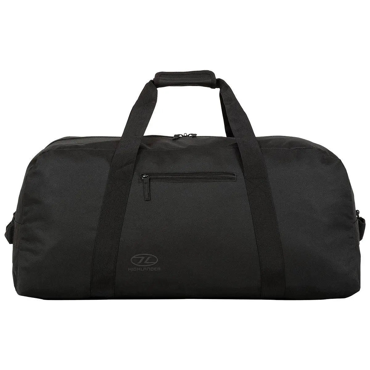 Highlander Cargo 100L Heavy Duty Bag in black, featuring a durable polyester construction, dual carry handles, and a front zippered pocket for extra storage.