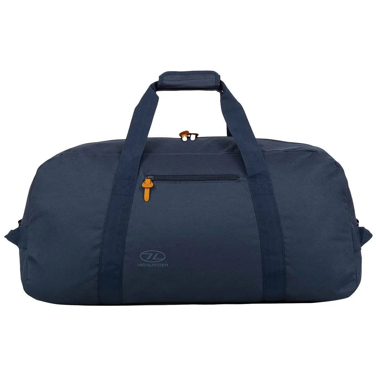 Highlander Cargo 100L Heavy Duty Bag in navy blue, featuring a robust design, reinforced straps, and a front zippered pocket with a contrasting zipper pull.