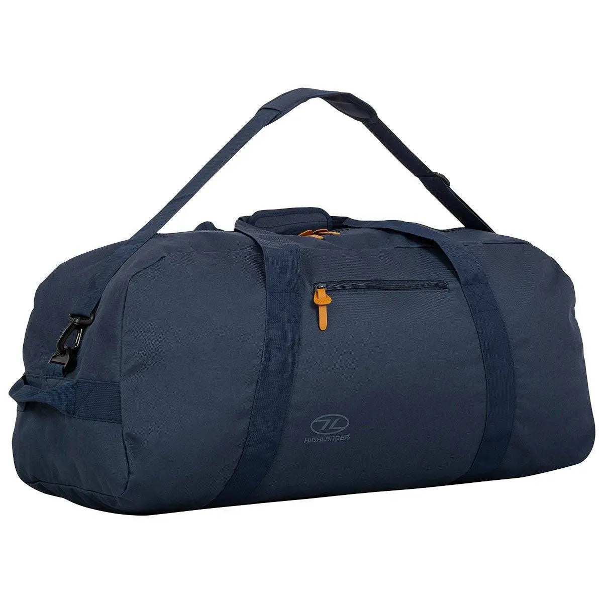 Side view of the Highlander Cargo 100L Heavy Duty Bag in navy blue, showcasing an adjustable shoulder strap, durable handles, and a spacious main compartment.