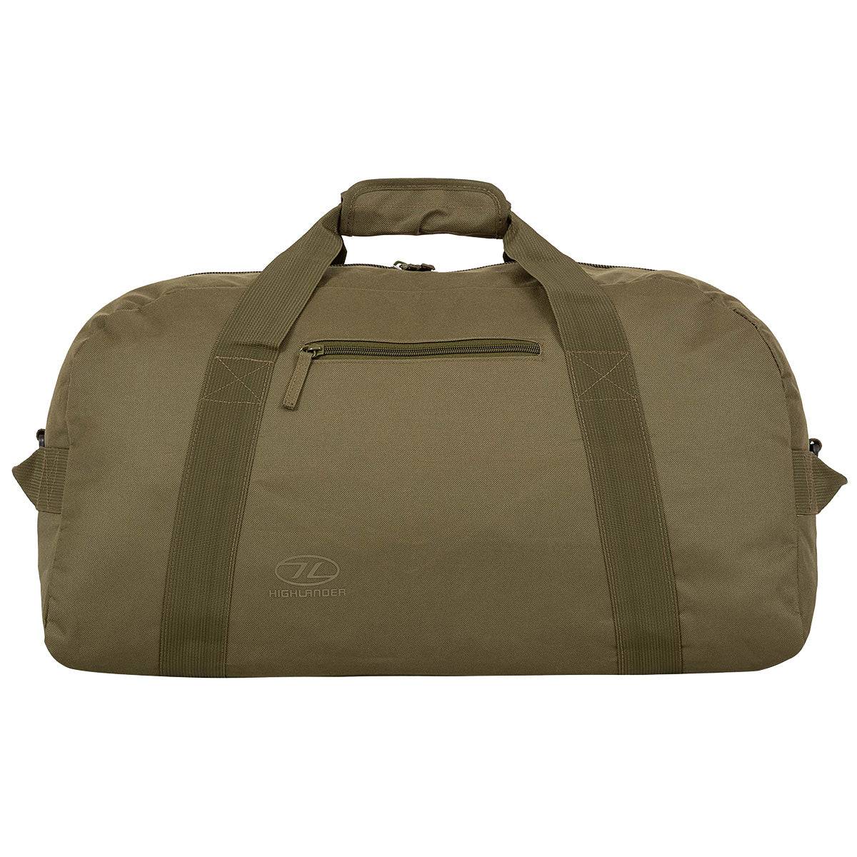 Highlander Cargo 45L Holdall Bag in khaki, offering a rugged design with strong handles and a front zip pocket for added convenience.