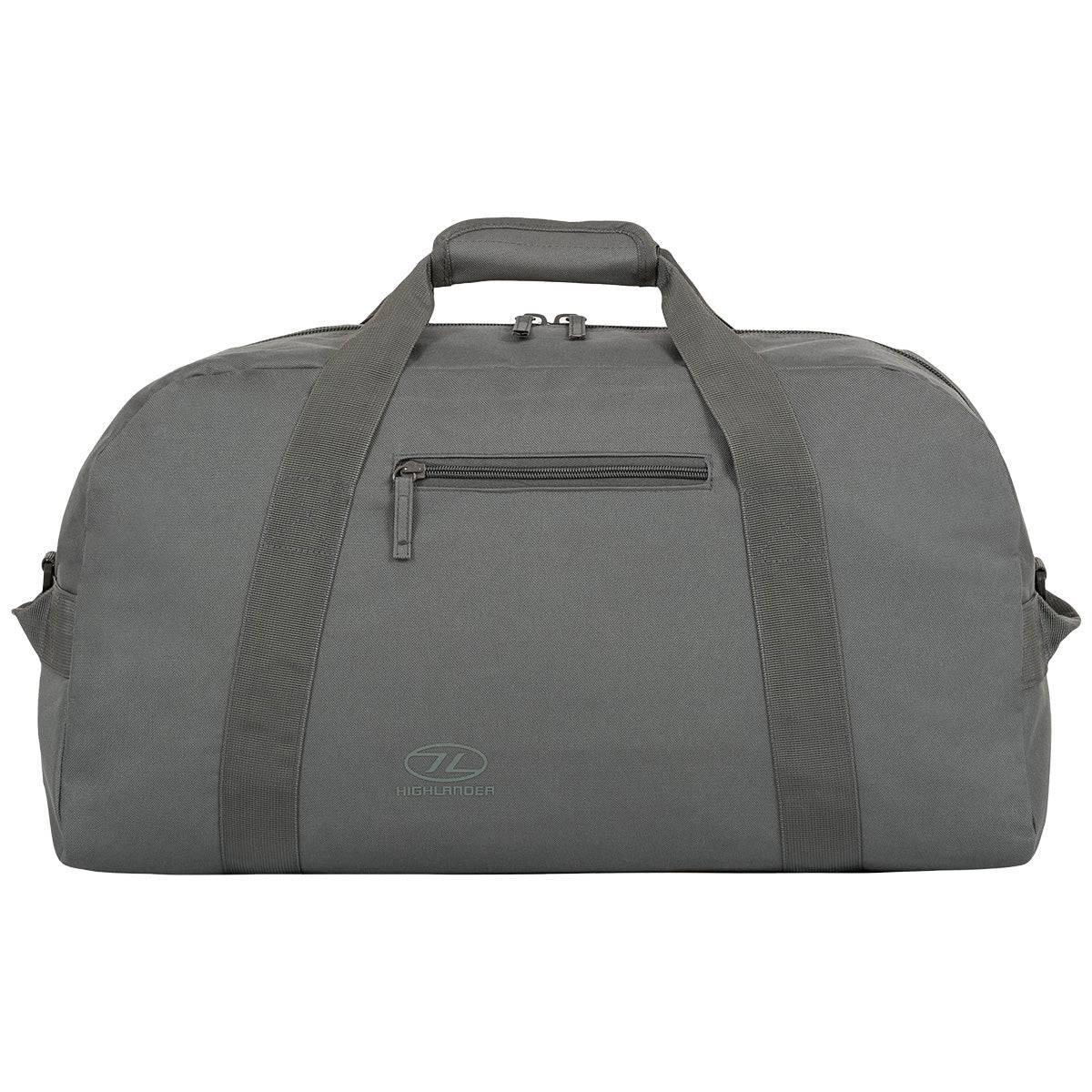 Highlander Cargo 45L Holdall Bag in grey, designed for travel and outdoor use with reinforced straps and a secure zippered closure.