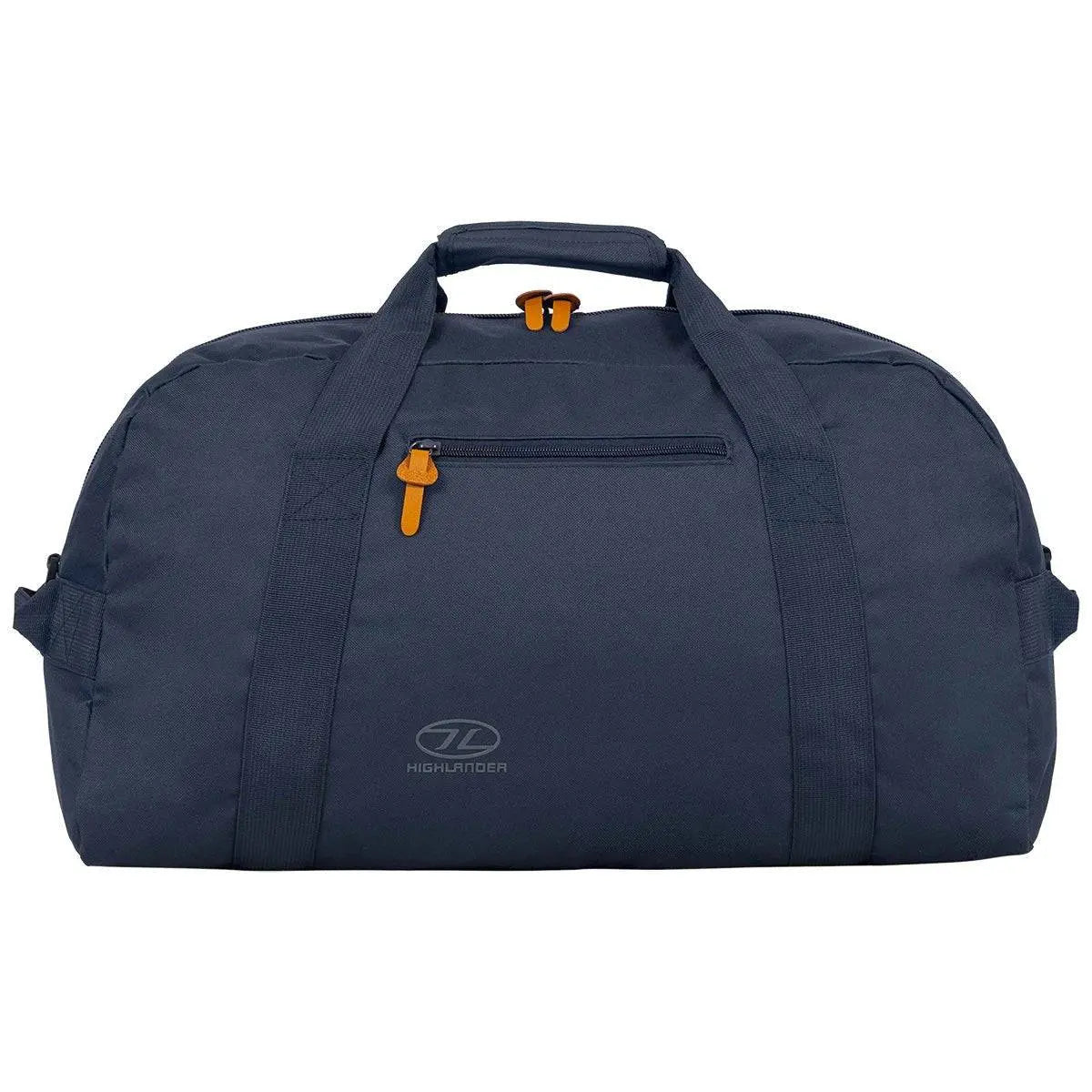 Highlander Cargo 45L Holdall Bag in navy blue with durable polyester material, dual handles, and a front zip pocket for secure storage.