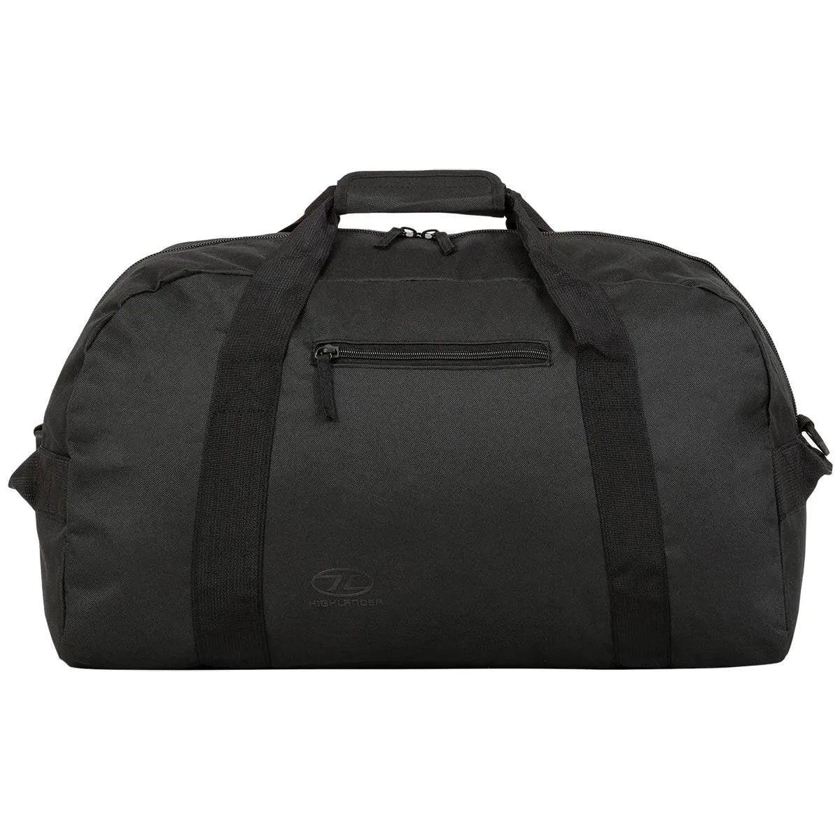 Black Highlander Cargo 65 Litre Carry Bag with reinforced straps, a zippered front pocket, and a large storage capacity. Designed for rugged travel and daily use.