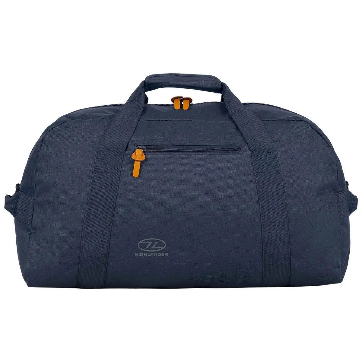 Highlander Cargo 65 Litre Carry Bag in navy blue featuring a spacious main compartment, sturdy handles, and a front zip pocket. Perfect for carrying gear on trips.