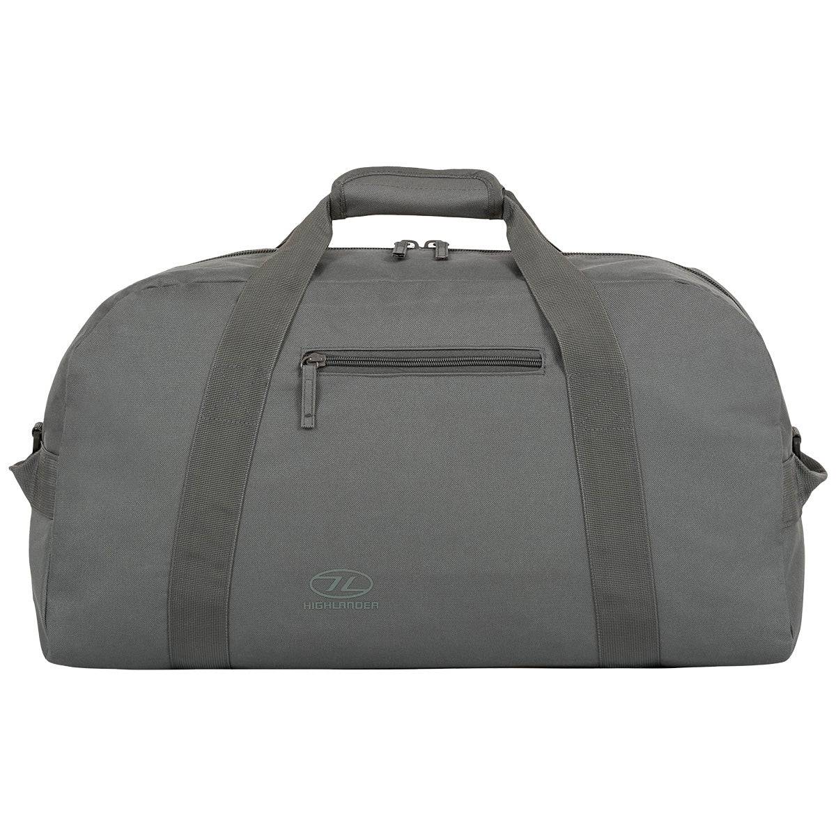 Highlander Cargo 65 Litre Carry Bag in grey with durable polyester fabric, dual handles, and a front zip pocket for secure storage. Ideal for travel and outdoor adventures.