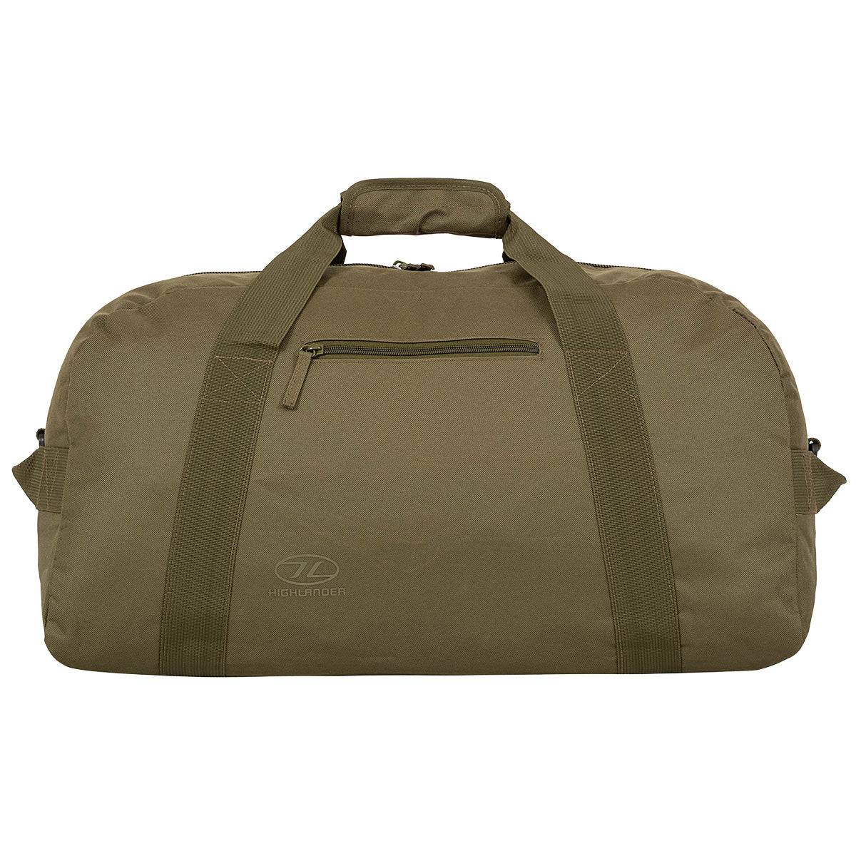 Olive Highlander Cargo 65 Litre Carry Bag with strong polyester fabric, dual handles, and a zippered front pocket. Great for outdoor adventures and travel needs.