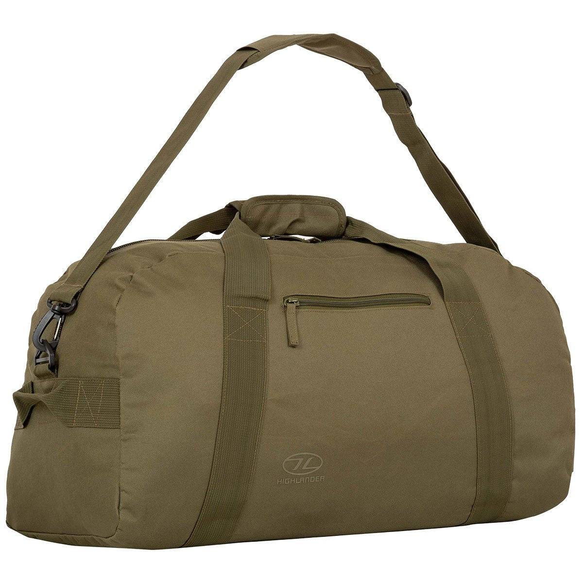 Highlander Cargo 65 Litre Carry Bag in olive with an adjustable shoulder strap, reinforced handles, and a spacious main compartment. Ideal for carrying heavy loads.