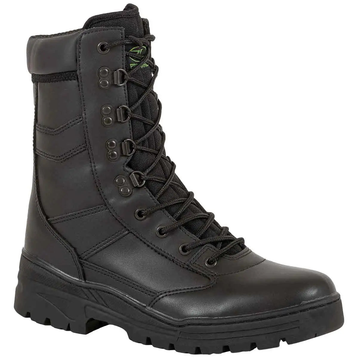 Single Highlander Delta Black Police Boot featuring a lace-up design, reinforced stitching, and padded collar for tactical performance. from John Bull Clothing