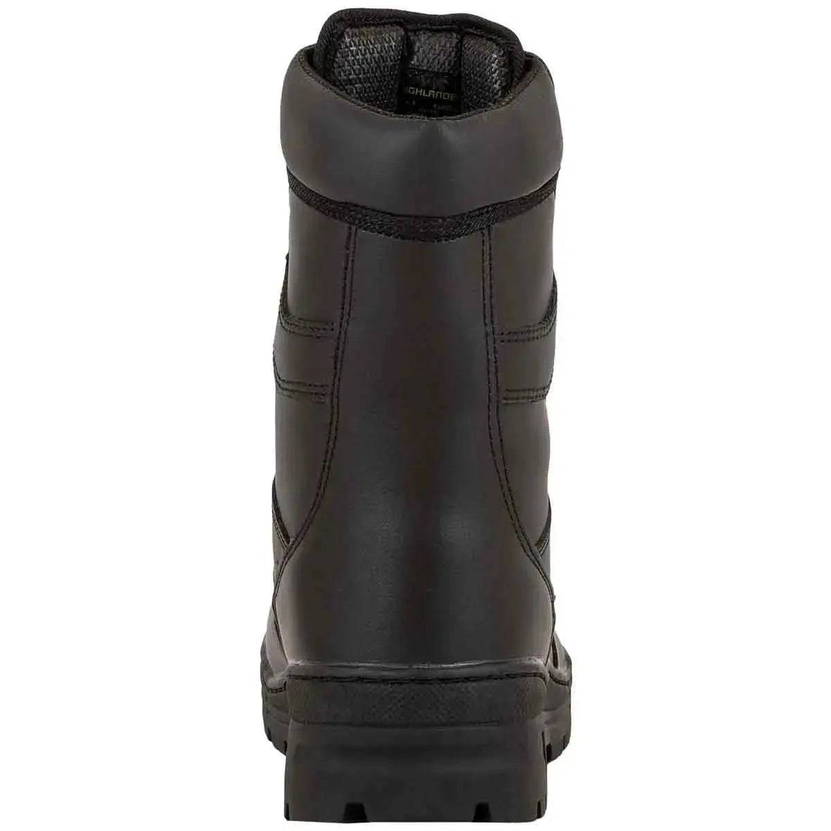 Rear view of Highlander Delta Black Police Boot showcasing padded ankle support and sturdy leather construction for durability.
