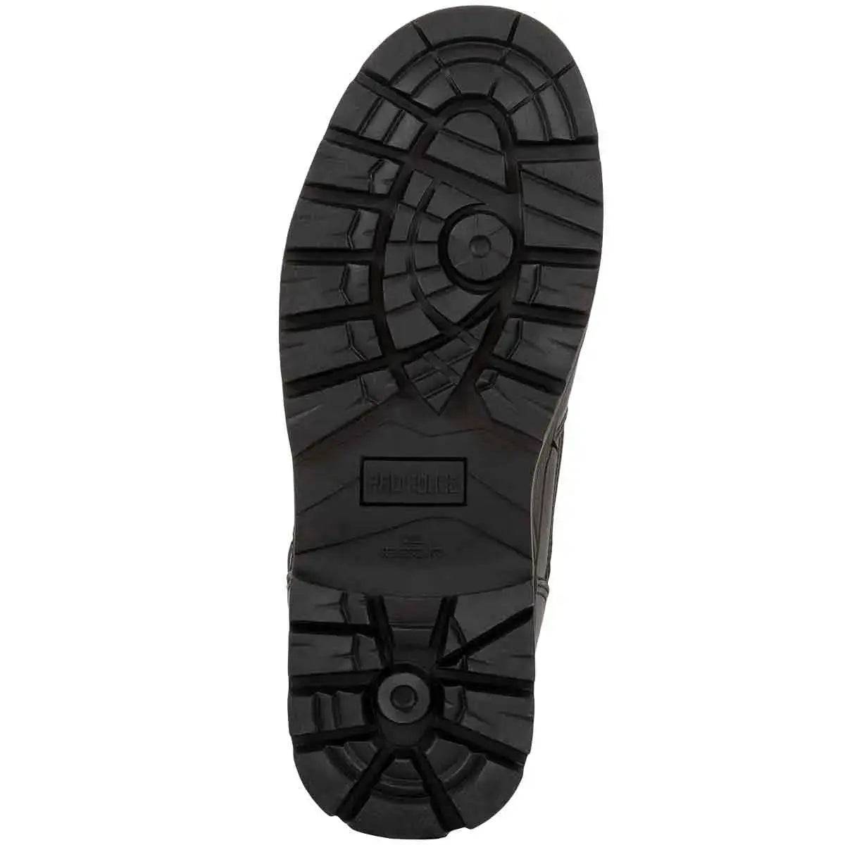Highlander Delta Black Police Boot outsole with deep tread pattern for superior grip and stability on various terrains.