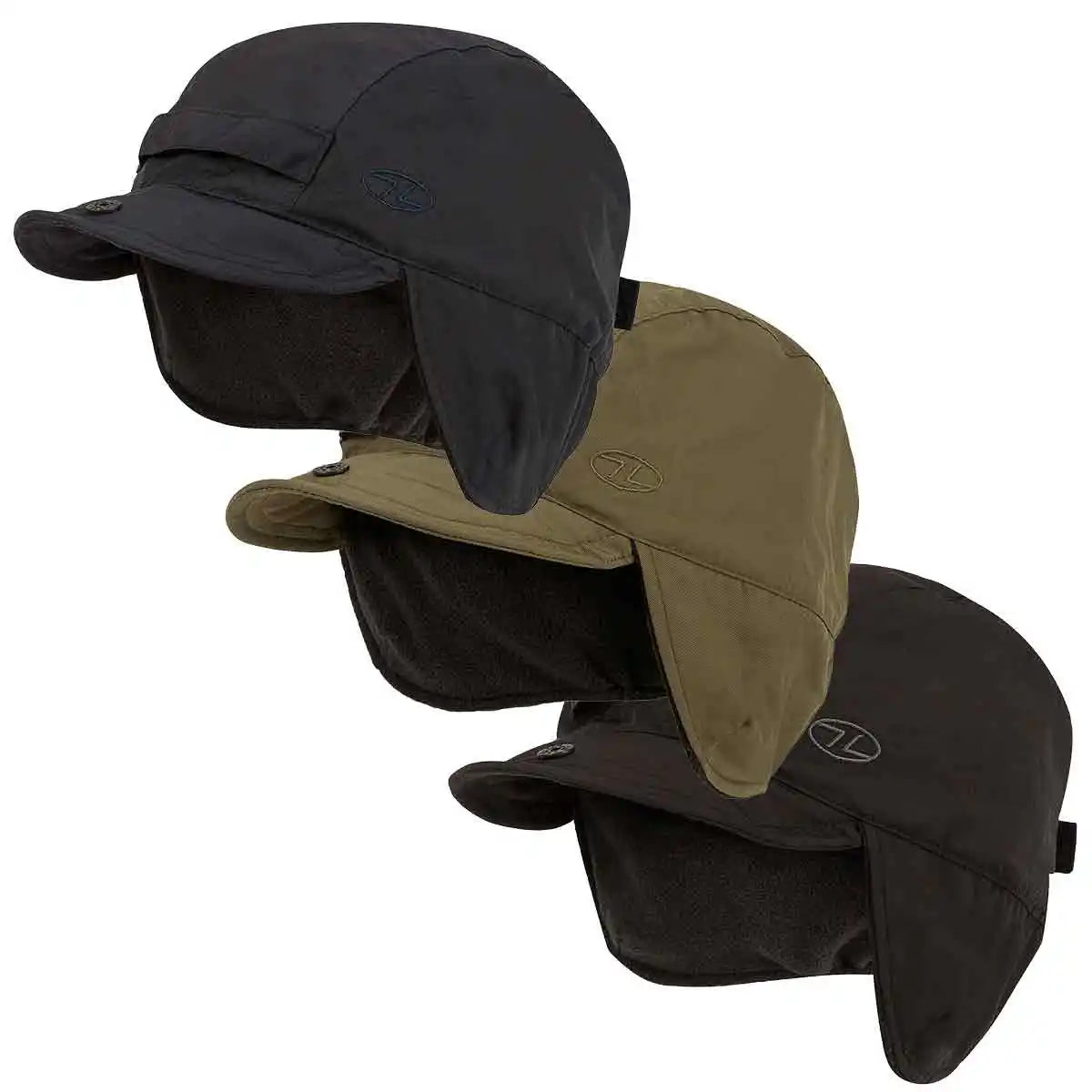 Highlander Dry Tech Mountain Waterproof Hat in black, olive, and brown colors with ear flaps and fleece lining for cold, wet conditions. from John Bull Clothing