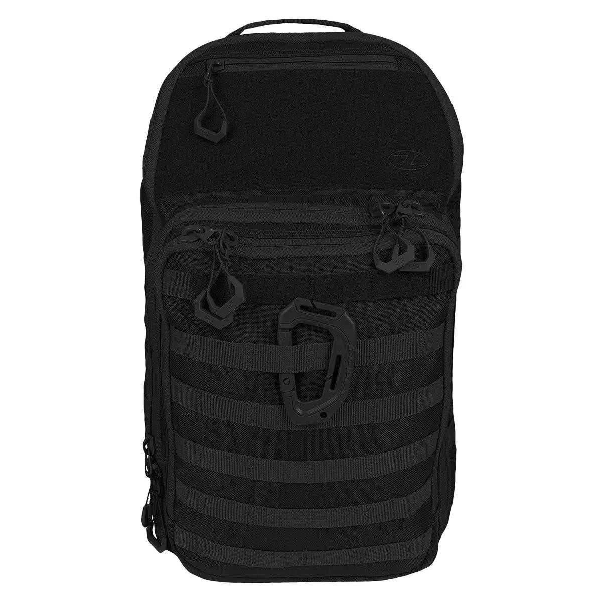 Highlander Harrier 25L Clamshell Rucksack in black with MOLLE webbing and tactical design, perfect for everyday carry and outdoor adventures.