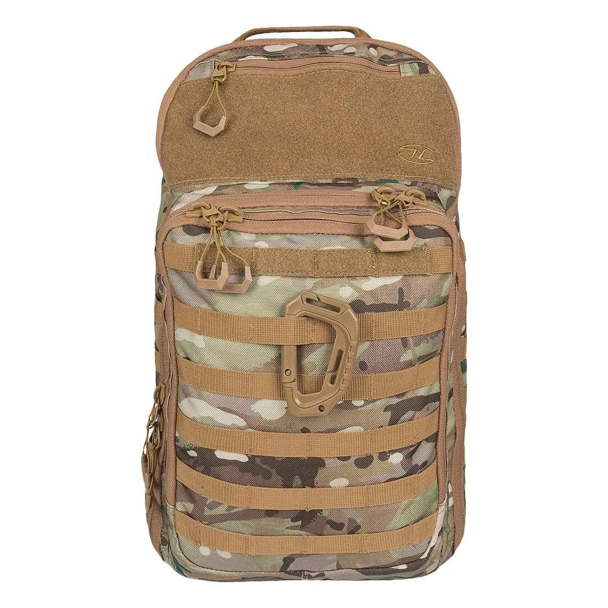 Highlander Harrier 25L Clamshell Rucksack in camouflage pattern with MOLLE webbing and tactical design, ideal for outdoor and urban use.
